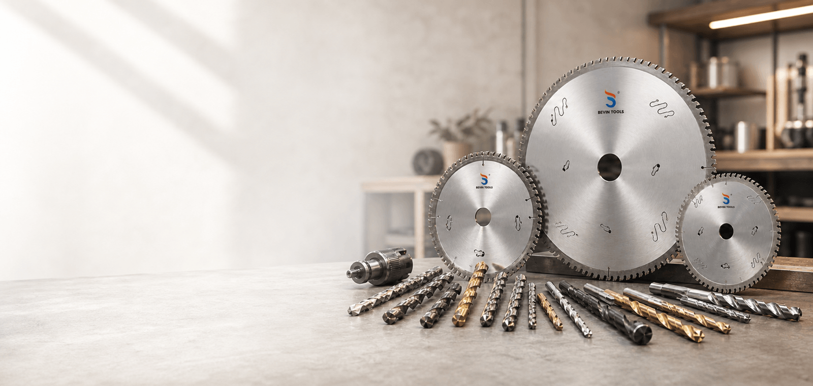 BEVIN saw blades and drill bits arranged in a workshop